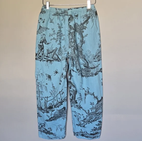 KLEEN 100% Linen Blue Toile Pattern Balloon Cropped Wide Leg Resortwear Pants - Picture 1 of 7